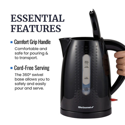 1.7L Electric Kettle With No Fuss Fast Boil BPA Free Auto Shutoff Boil Dry Protection 360 Degree Swivel Cordless Base Black Finish