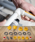Person using Heavy Duty PVC Pipe Threader Kit With Electric Drill Opener on a plastic elbow joint with accessories laid out.