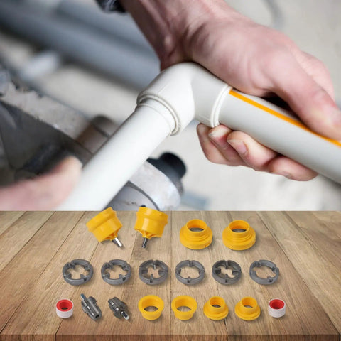 Person using Heavy Duty PVC Pipe Threader Kit With Electric Drill Opener on a plastic elbow joint with accessories laid out.