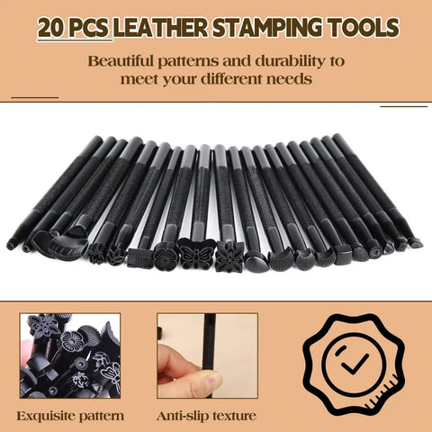 20 Piece Leather Stamping Tools Set With Various Shape Stamps For Saddle Making Carving And Craft DIY Projects Great For Beginners And Pros Durable Stainless Steel Craft Tools Ideal For Leather Hobbyists And Professionals Alike