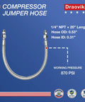 Heavy Duty Air Compressor Quick Connect Jumper Hose 20 Inch Long features stainless swivel connectors rated for 870 PSI.