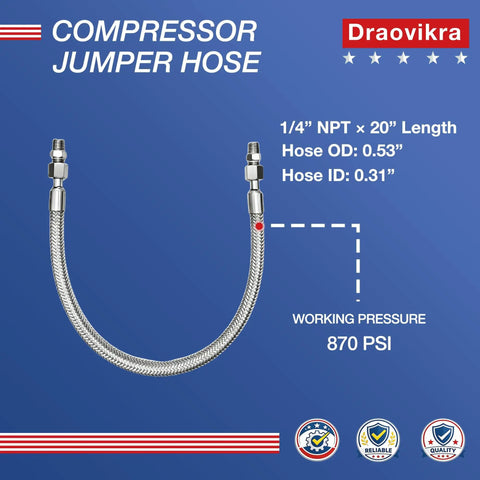 Heavy Duty Air Compressor Quick Connect Jumper Hose 20 Inch Long features stainless swivel connectors rated for 870 PSI.