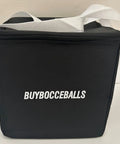 Black insulated bag with 'BUYBOCCE BALLS' text, emphasizing outdoor sports gear use and storage for bocce events.