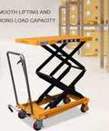 Heavy Duty Hydraulic Lift Table Cart With Lockable Wheels And Rolling Garage Hoist For Smooth Load Lifting And Heavy Equipment Hauling Built Tough For Everyday Shop Grinds with orange steel platform in a warehouse.