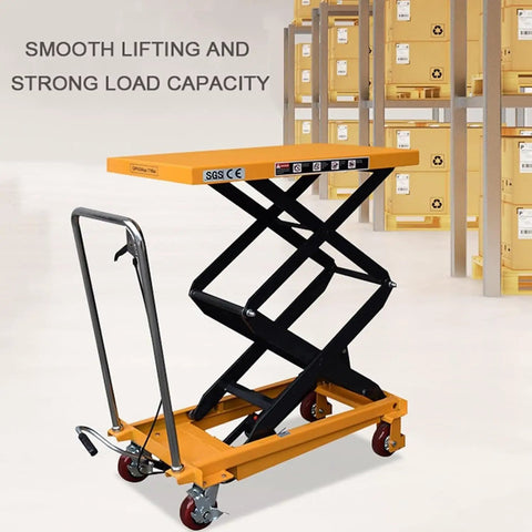 Heavy Duty Hydraulic Lift Table Cart With Lockable Wheels And Rolling Garage Hoist For Smooth Load Lifting And Heavy Equipment Hauling Built Tough For Everyday Shop Grinds with orange steel platform in a warehouse.