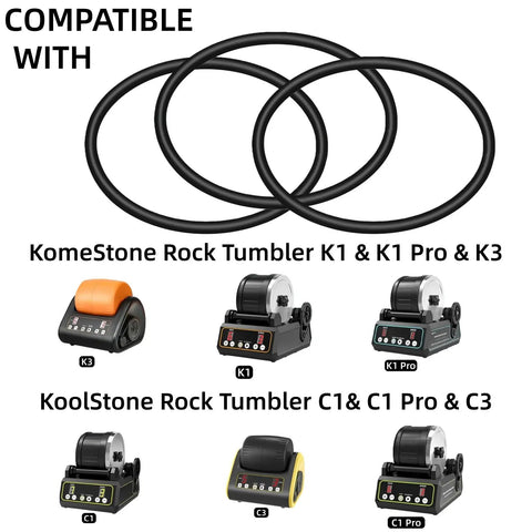 Replacement Rock Tumbler Belt For KomeStone K1 K1 Pro K3 And KoolStone C1 C1 Pro C3, Durable Rubber Belt Wear Resistant High Elasticity 24.3 Cm Circumference Built To Last For Smooth Stone Polishing. Compatible rock tumbler rubber belts, 24.3 cm circumference, shown with K1, K1 Pro, K3, C1, C1 Pro, and C3 models