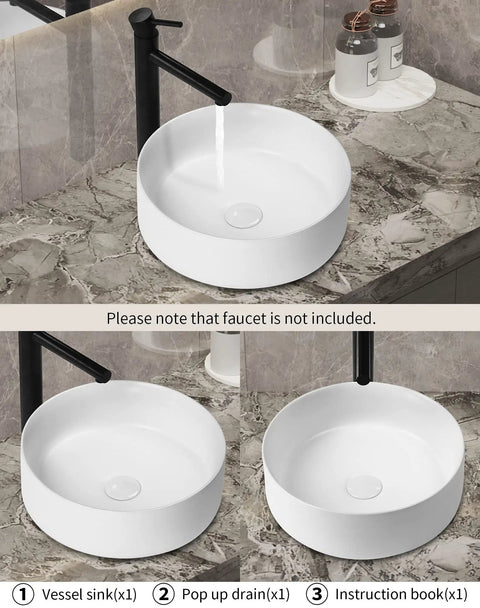 Round Bathroom Vessel Sink 14.4 Inch Above Counter Porcelain Ceramic Matte White Modern Vanity Basin Art Bowl on marble countertop