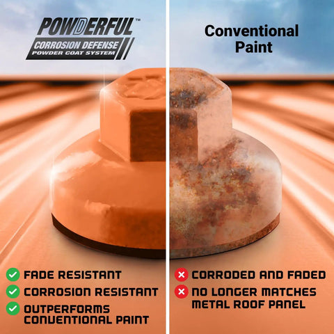 Comparison of Powderful corrosion-resistant vs. conventional paint on micro bit screw for metal roofing.