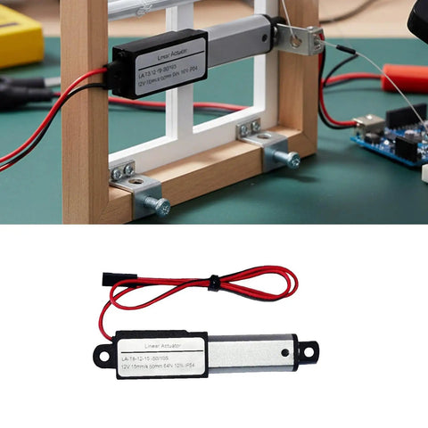 Solid 12V Electric Linear Actuator With Telescopic Aluminum Body And Built In Limit Switches For Auto Stopping Smooth Stroke On Compact Doors And Light Duty Gear That Works Like A Charm Right Out The Box Today, mounted on a frame with wires.