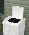 Hideaway Outdoor Trash Can With Lid 30 Gallon White Decorative Wicker Style Bin Made From Weather Resistant Resin That Hides Trash On The Patio Or Yard