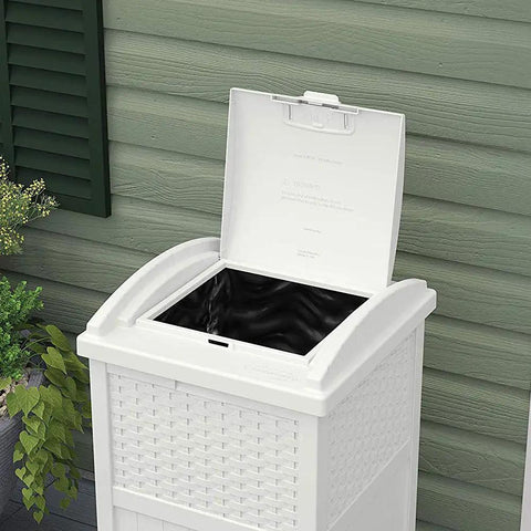 Hideaway Outdoor Trash Can With Lid 30 Gallon White Decorative Wicker Style Bin Made From Weather Resistant Resin That Hides Trash On The Patio Or Yard