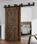 7Ft Low Ceiling Bypass Sliding Barn Door Hardware Kit With Double Track For Double Wooden Doors Black Finish, Installed View