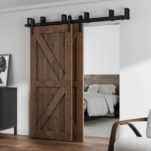 7Ft Low Ceiling Bypass Sliding Barn Door Hardware Kit With Double Track For Double Wooden Doors Black Finish, Installed View