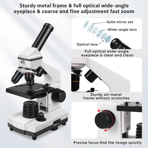 All In One Compound Microscope Kit For Kids And Adults 100X To 2000X With Dual LED 4X 10X 40X Objectives metal frame close-up