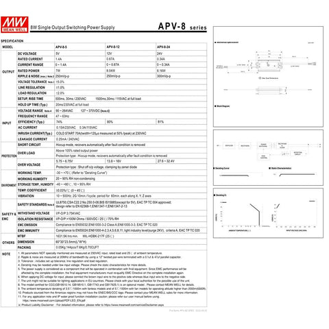 Workhorse 8 Watt AC DC Power Supply and LED Driver specifications sheet with details on output, input, and protection features.