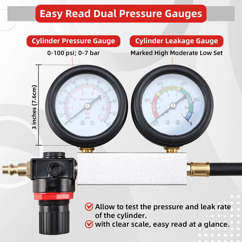 8MILELAKE cylinder leak-down tester tool kit with dual gauges and regulator, front view
