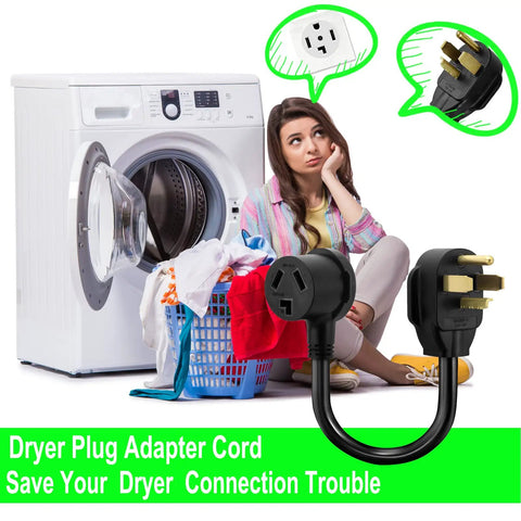 Plug And Play No Fuss Eighteen Inch Dryer Cord Adapter displayed with dryer and laundry basket
