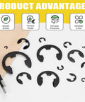Black E Clip Assortment Kit with 14 sizes external retaining rings 1.5mm to 22mm, tweezers shown, on display surface