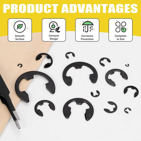 Black E Clip Assortment Kit with 14 sizes external retaining rings 1.5mm to 22mm, tweezers shown, on display surface