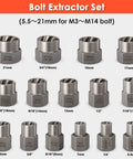 Damaged Screw Extractor Set For Stubborn Fasteners, 2-21mm size range, 39-Piece Broken Bolt Kit displayed with various socket sizes