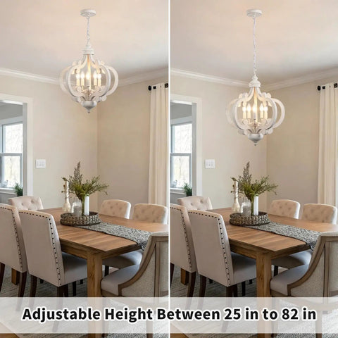 White French Country Five Light Chandelier With Antique Distressed Wood Cozy Farmhouse Rustic Pendant Light for dining room.