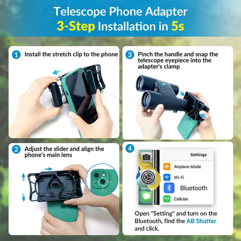 Universal Telescope Phone Adapter With Bluetooth Shutter Remote for quick mount setup instructions
