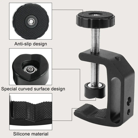 Close-up of Two Pack Universal C Clamp Set with 1/4 inch and 3/8 inch thread holes showing anti-slip, curved surface, and silicone details.