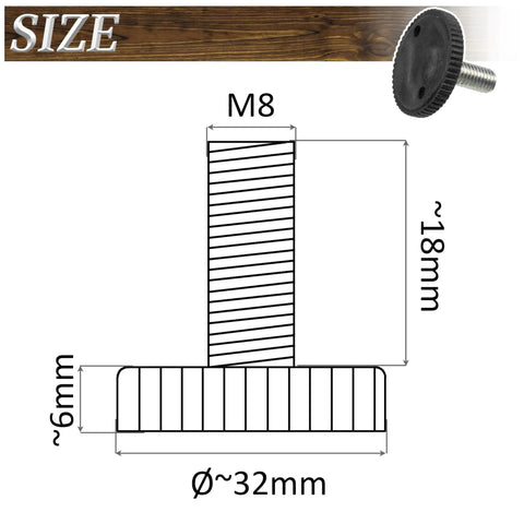 Diagram of M8 adjustable furniture jack foot, dimensions 18mm height and 32mm diameter, part of 12 Pack Adjustable Furniture Jack Feet And 12 M8 X 11 Impact Claw Nuts For Wood Fitting Leveling And Woodworking Projects Quick Screw In Install Strong Grip Durable Hardware Kit For Sturdy Furniture