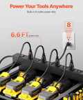 Close-up of 8-outlet power strip with 6.6 ft cord on 5 Tier Tool Cart With Charging Station And Eight Outlet Bank On Wheels Mobile Drill Holder And Battery Storage Rack For Garage And Workshop Organization.