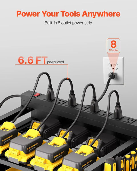 Close-up of 8-outlet power strip with 6.6 ft cord on 5 Tier Tool Cart With Charging Station And Eight Outlet Bank On Wheels Mobile Drill Holder And Battery Storage Rack For Garage And Workshop Organization.