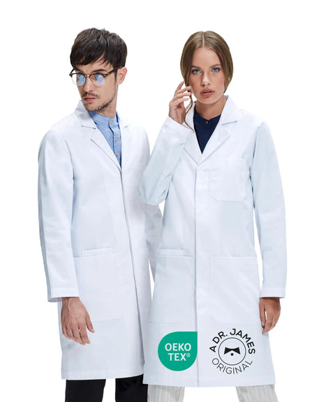 Two models wearing Premium Unisex Lab Coat With Phone And Tablet Pockets, Classic Fit, Concealed Snap Closure, 39 Inch Length.
