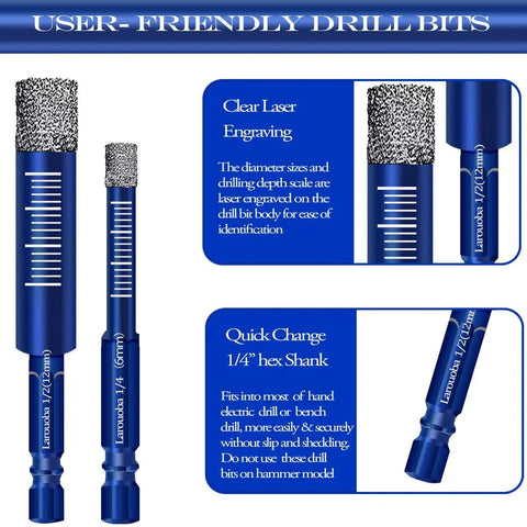 Close-up of blue 8 Piece Diamond Drill Bit Set For Tile And Stone, Hex Shank Masonry Bits For Porcelain Ceramic Marble Granite