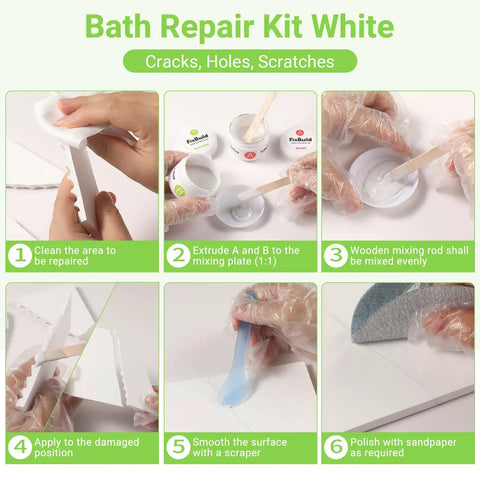 Porcelain Repair Kit For Tub And Tile Cracks Chips And Dents instructions and tools, white finish for bathtubs and sinks.
