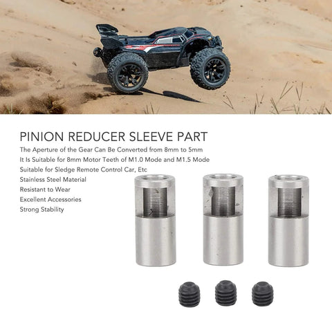 Pinion reducer sleeve set, three stainless steel sleeves for 8mm to 5mm motor shafts with matching black caps
