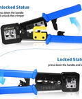 Pass Through RJ45 Crimp Tool Kit All In One Ethernet Crimper For Cat 6 Cat 5e Cat 5 showing unlocked and locked status with blue handles