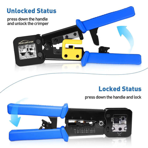 Pass Through RJ45 Crimp Tool Kit All In One Ethernet Crimper For Cat 6 Cat 5e Cat 5 showing unlocked and locked status with blue handles