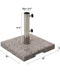 Beefy 42 Lbs Square Granite Umbrella Base Grey For Outdoor Patios, top view, steel pole holder, dimensions labeled, 15x15 inch footprint