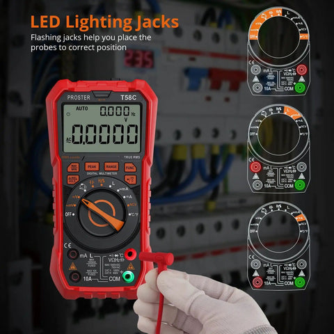 Go To Digital Multimeter With True RMS, 9999 Counts, Auto Ranging, AC DC Voltage And Current Meter showing LED lighting jacks