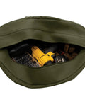 Open Heavy Duty Canvas Tanker Style Tool Bag For Mechanic Pros Plumbers Electricians And Athletes Built To Haul Gear With Large Main Compartment And Storm Flap Olive Drab Green 19 By 9 By 6 Inches showing tools inside.