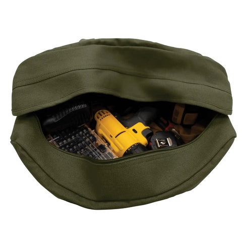 Open Heavy Duty Canvas Tanker Style Tool Bag For Mechanic Pros Plumbers Electricians And Athletes Built To Haul Gear With Large Main Compartment And Storm Flap Olive Drab Green 19 By 9 By 6 Inches showing tools inside.