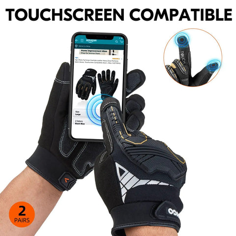 Two Pair Heavy Duty Safety Work Gloves for Mechanics and Construction shown touchscreen compatible with EVA padding, black color.