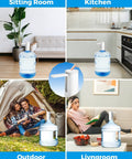 Foldable Water Dispenser for 5 Gallon Bottles With USB Charging and Auto Switch shown in home, kitchen, outdoor, and living room settings.