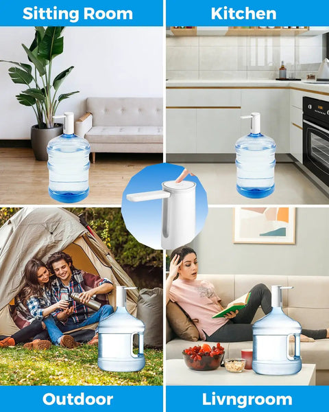 Foldable Water Dispenser for 5 Gallon Bottles With USB Charging and Auto Switch shown in home, kitchen, outdoor, and living room settings.