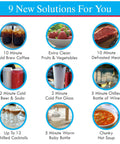 Graphic of Blend Blaster Blender Attachment with nine blue-circled use icons showing coffee, meat, drinks, wine, cocktails, baby bottle warmer and soup.