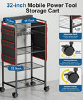 Five Tier Power Tool Organizer Cart With Charging Station And Wheels, 32-inch mobile storage cart with four wheels and adjustable shelves