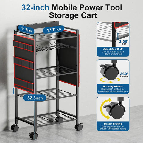 Five Tier Power Tool Organizer Cart With Charging Station And Wheels, 32-inch mobile storage cart with four wheels and adjustable shelves