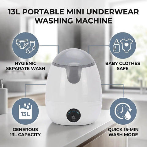 Compact Mini Countertop Washer With Spinning Dehydration Basket And Sanitary Blue Light Mode For Undies Socks And Baby Clothes Delivers Big Time Fresh Results While Making Laundry Day Hella Easy And Completely Hassle Free on a countertop with ergonomic design and control panel.