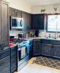 Straight Up Charred Aging Wood Stain For Interior Projects Delivers Rich Dark Burned Look Quick And Easy Water Based Low Odor Formula on kitchen cabinets.