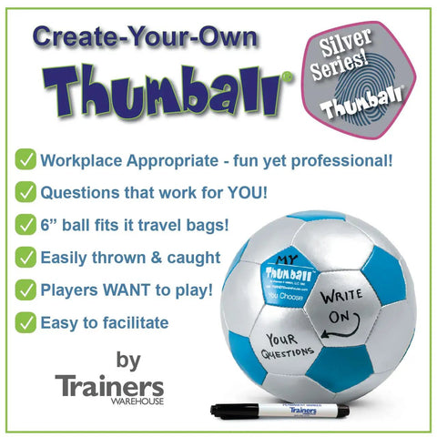 Create Your Own Thumball 6 Inch Blue With Marker Includes 30 Blank Panels For Custom Ice Breakers And Learning Reinforcement Tools Perfect For Class Team Building And Quick Conversational Prompts. blue 6-inch Thumball with marker and blank panels