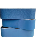 Pro Grade Calcined Aluminum Oxide Sanding Belts Set Of Five Four By Thirty Six Inch Assorted Grit Pack stacked blue belts for metal grinding.